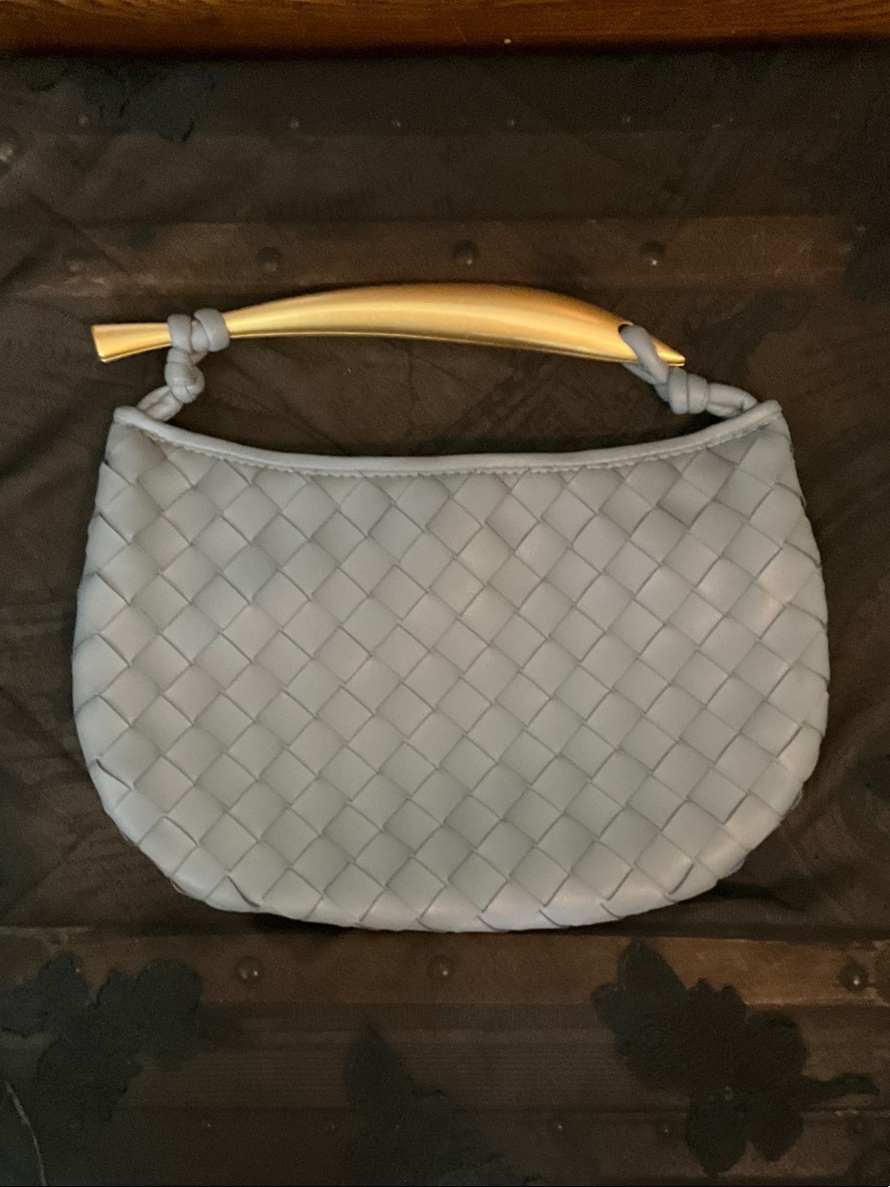 Woven Light Gray HandBag with Gold Handle
